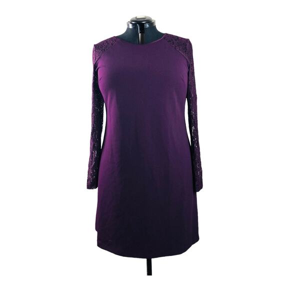 3765 PURPLE Shift Dress Womens 16 Lace Long Sleeve Knee Length Elegant Chiccore - Picture 1 of 10